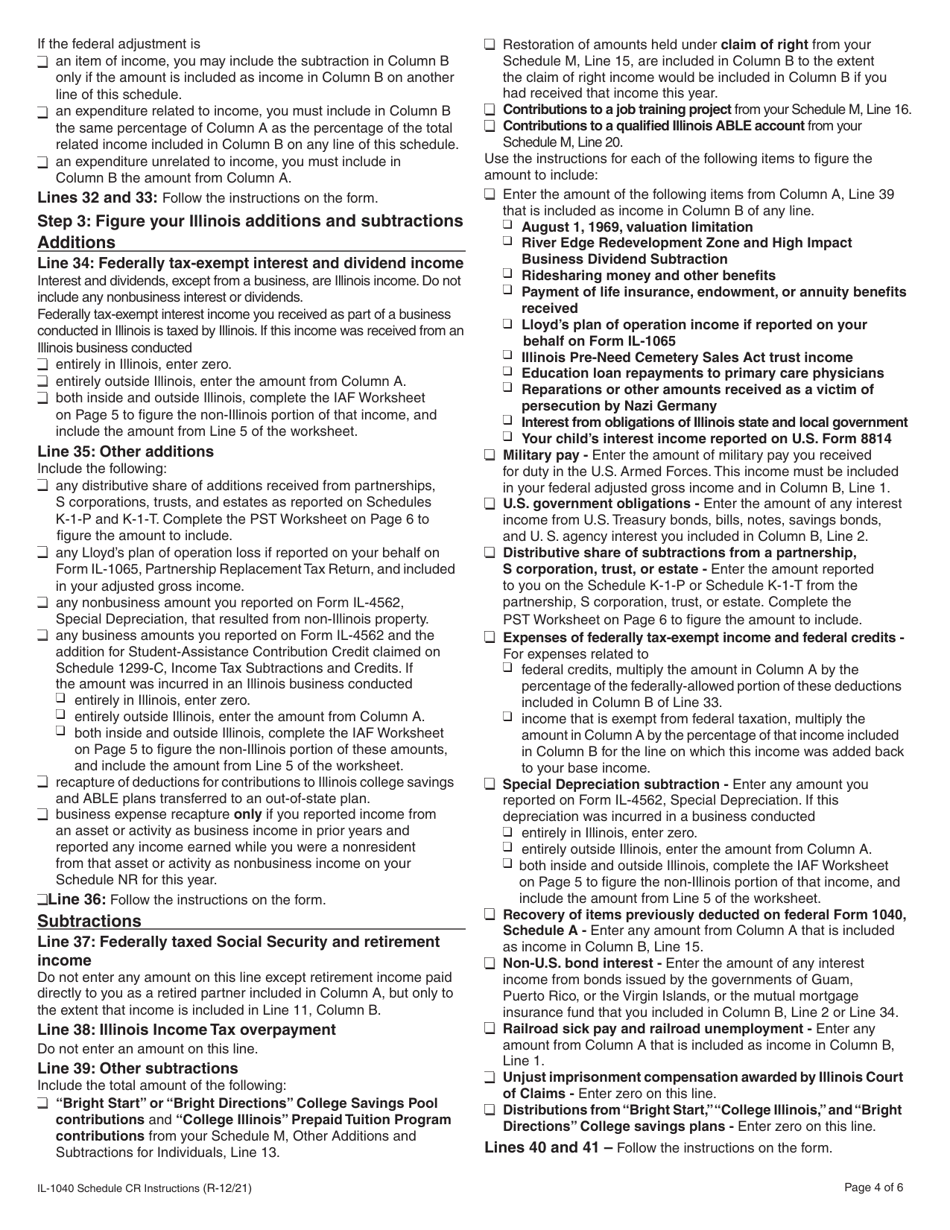 Instructions for Form IL-1040 Schedule CR Credit for Tax Paid to Other States - Illinois, Page 4