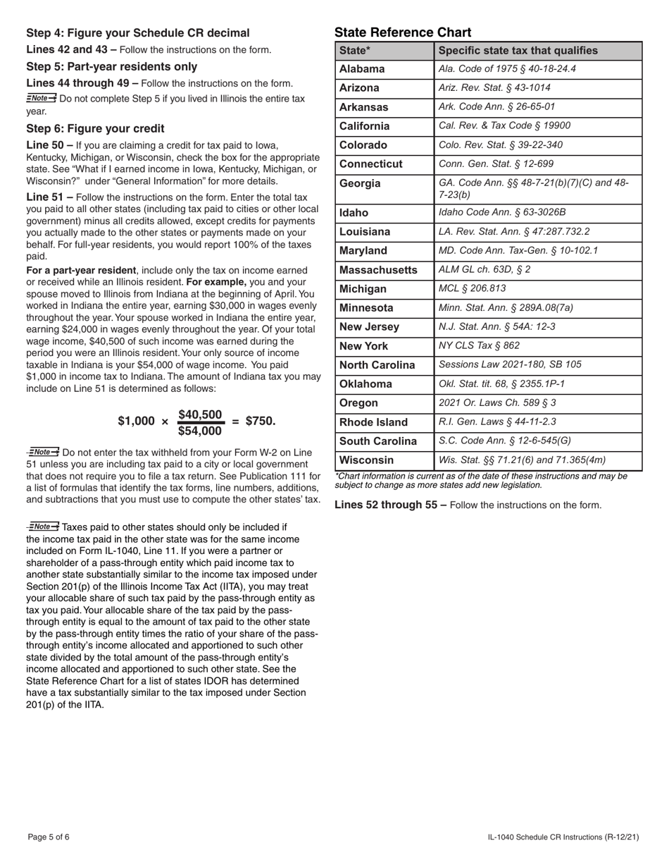 Instructions for Form IL-1040 Schedule CR Credit for Tax Paid to Other States - Illinois, Page 5
