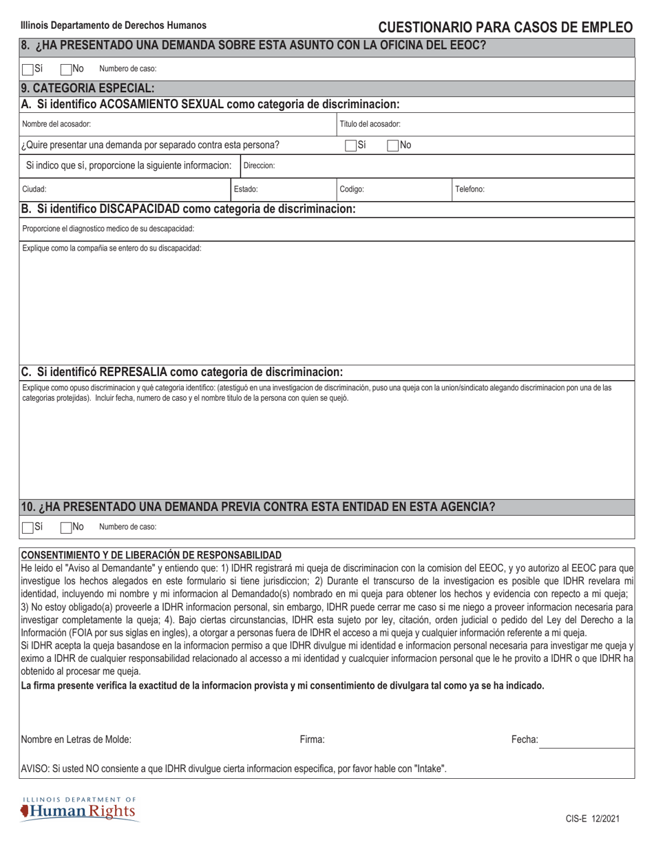 Formulario CIS-E Cuestionario Para Casos De Empleo - Illinois (Spanish), Page 3