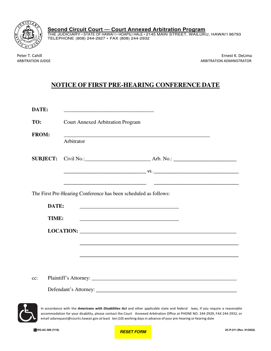 Form 2C-P-211 Notice of First Pre-hearing Conference Date - Hawaii, Page 1