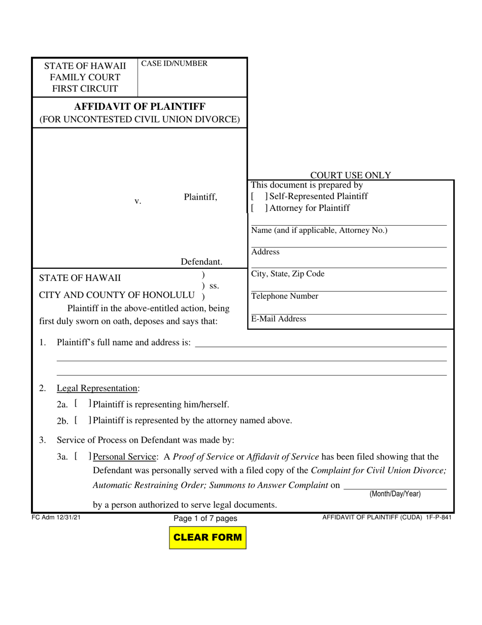 Form 1F-P-841 Affidavit of Plaintiff (For Uncontested Civil Union Divorce) - Hawaii, Page 1