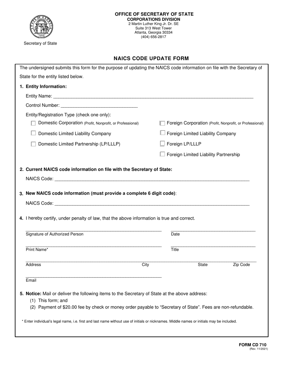 Form CD710 Naics Code Update Form - Georgia (United States), Page 1