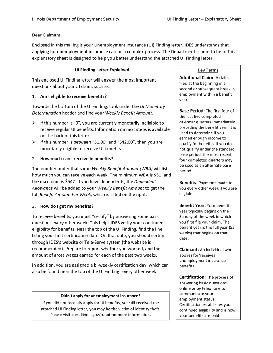 Ui Finding Letter - Explanatory Sheet - Illinois, Page 1