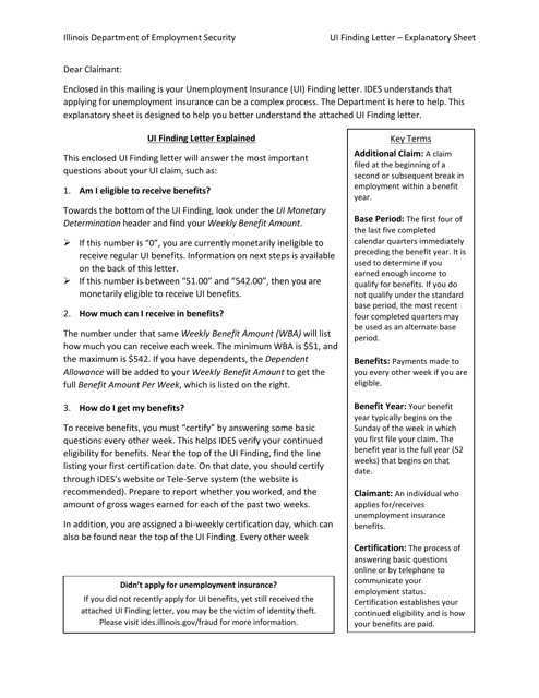 Ui Finding Letter - Explanatory Sheet - Illinois Download Pdf