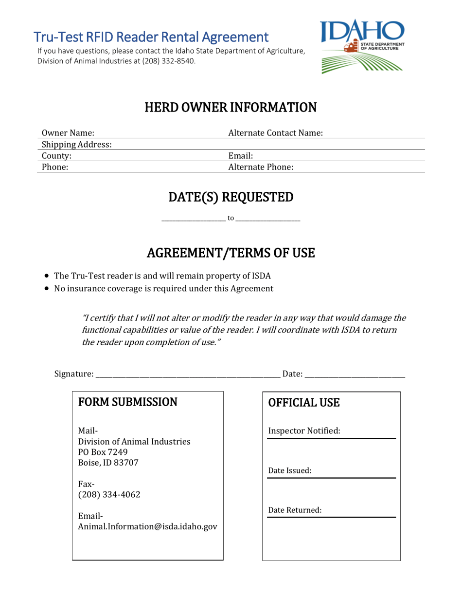 Tru-Test Rfid Reader Rental Agreement - Idaho, Page 1
