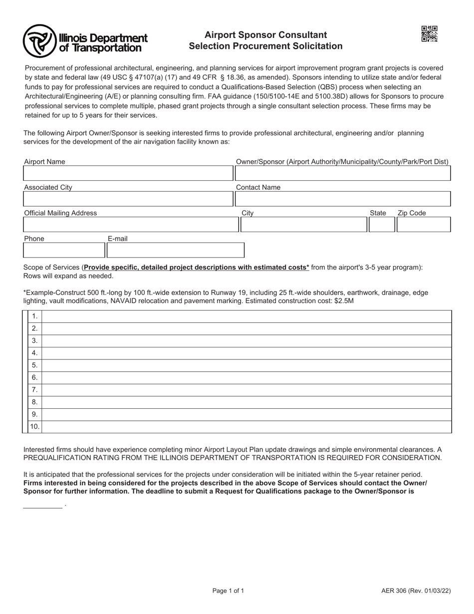 Form AER306 Airport Sponsor Consultant Selection Procurement Solicitation - Illinois, Page 1