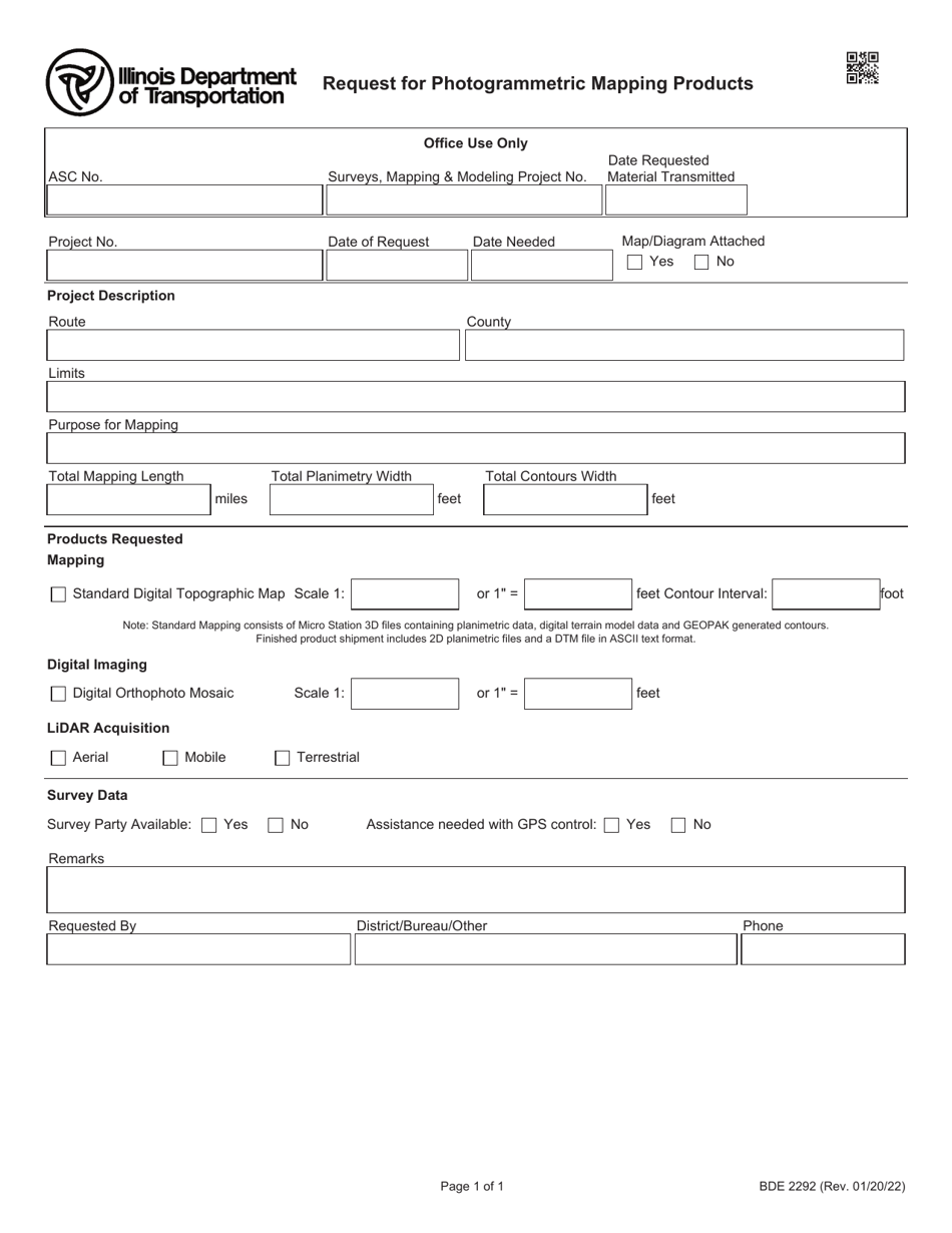 Form BDE2292 Request for Photogrammetric Mapping Products - Illinois, Page 1