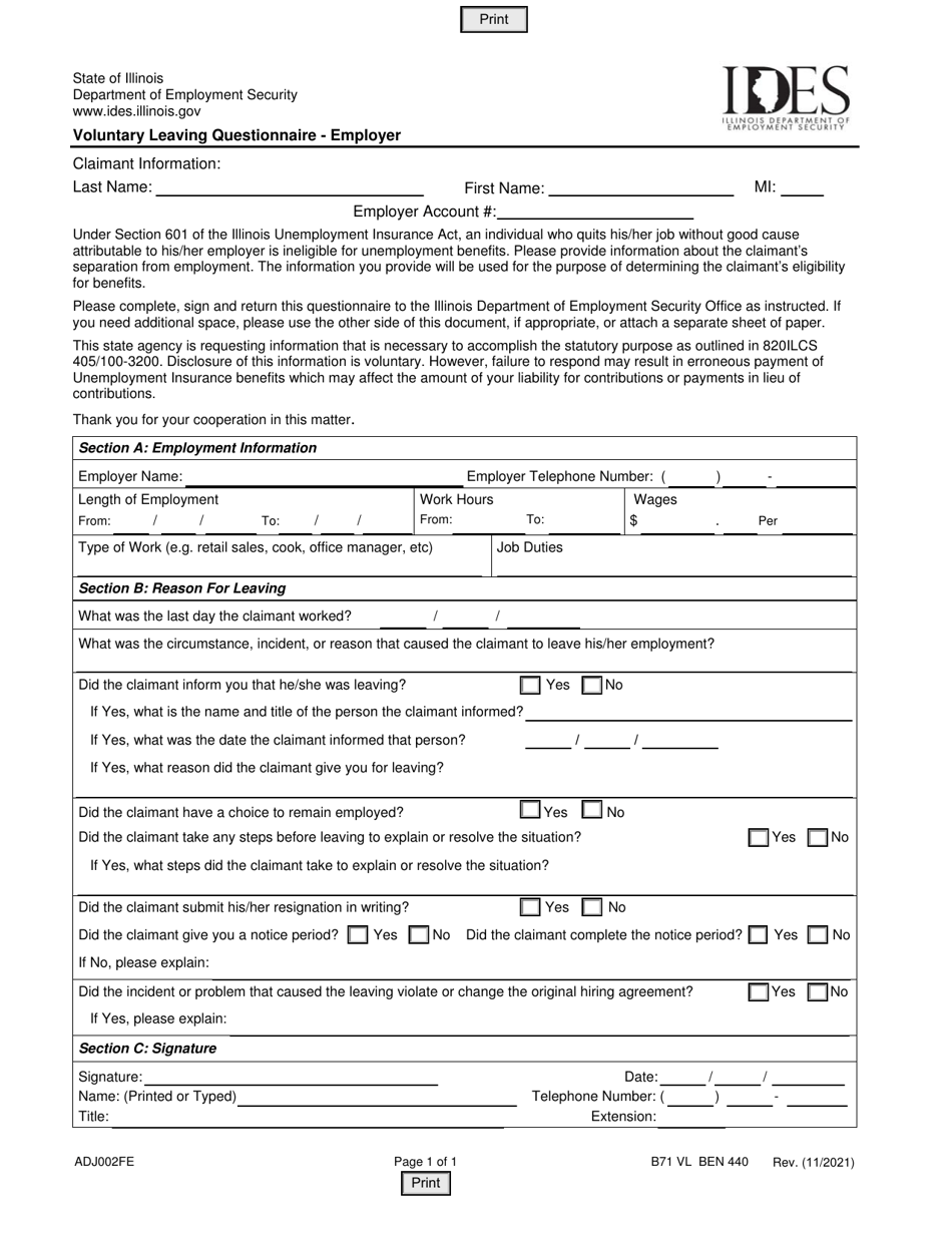 Form ADJ002FE Voluntary Leave Questionnaire - Employer - Illinois, Page 1
