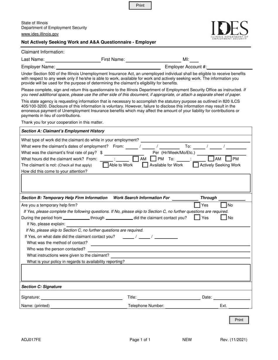 Form ADJ017FE Not Actively Seeking Work and aa Questionnaire - Employer - Illinois, Page 1
