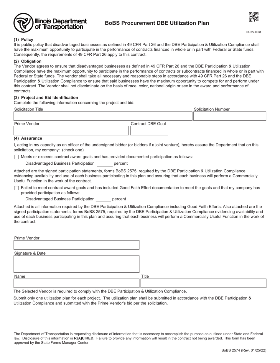 Form BoBS2574 Bobs Procurement Dbe Utilization Plan - Illinois, Page 1
