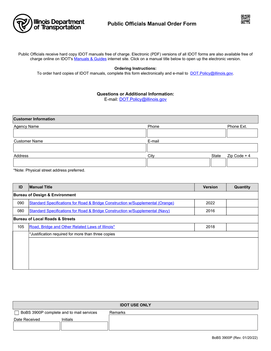 Form BoBS3900P Public Officials Manual Order Form - Illinois, Page 1