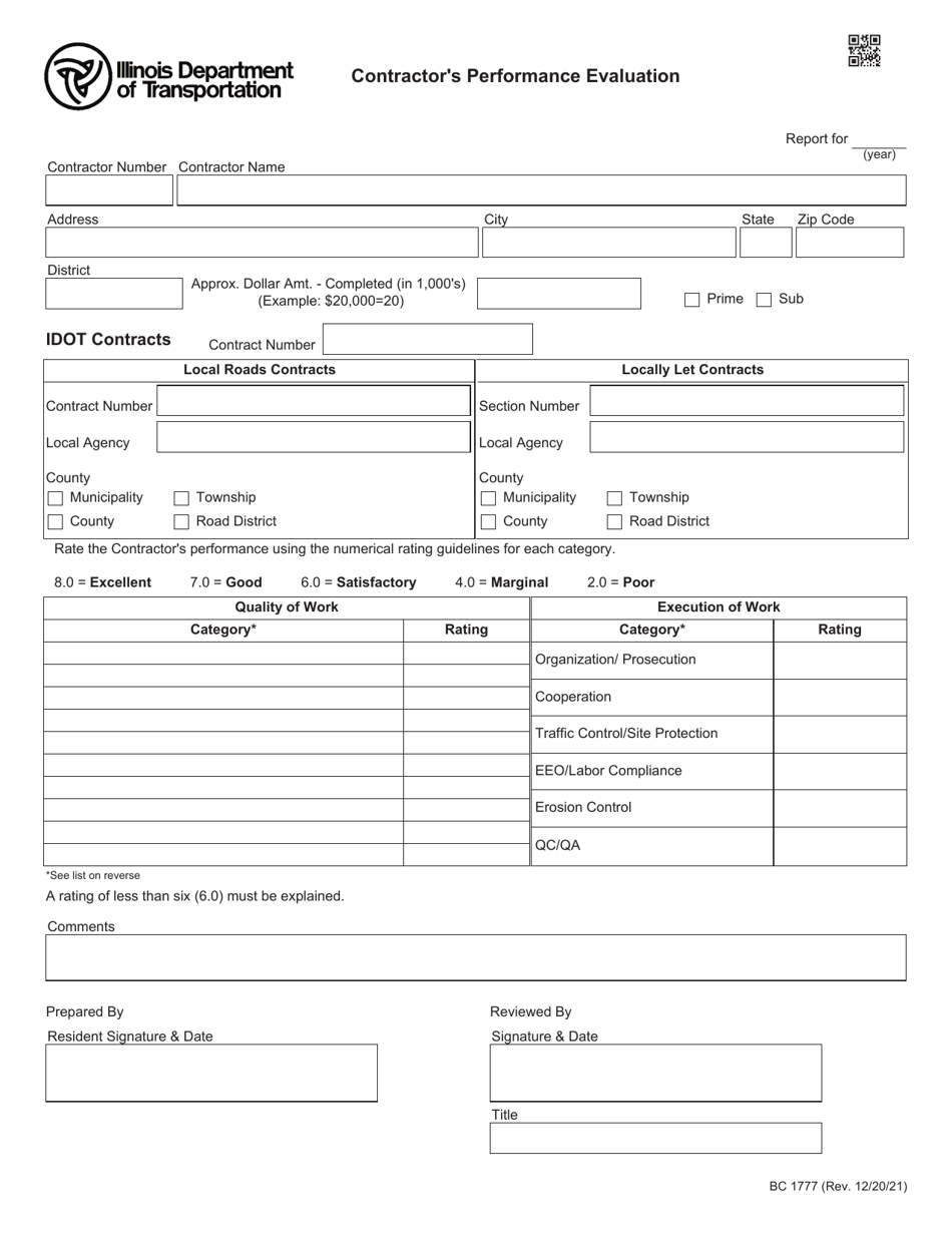Form BC1777 Contractors Performance Evaluation - Illinois, Page 1