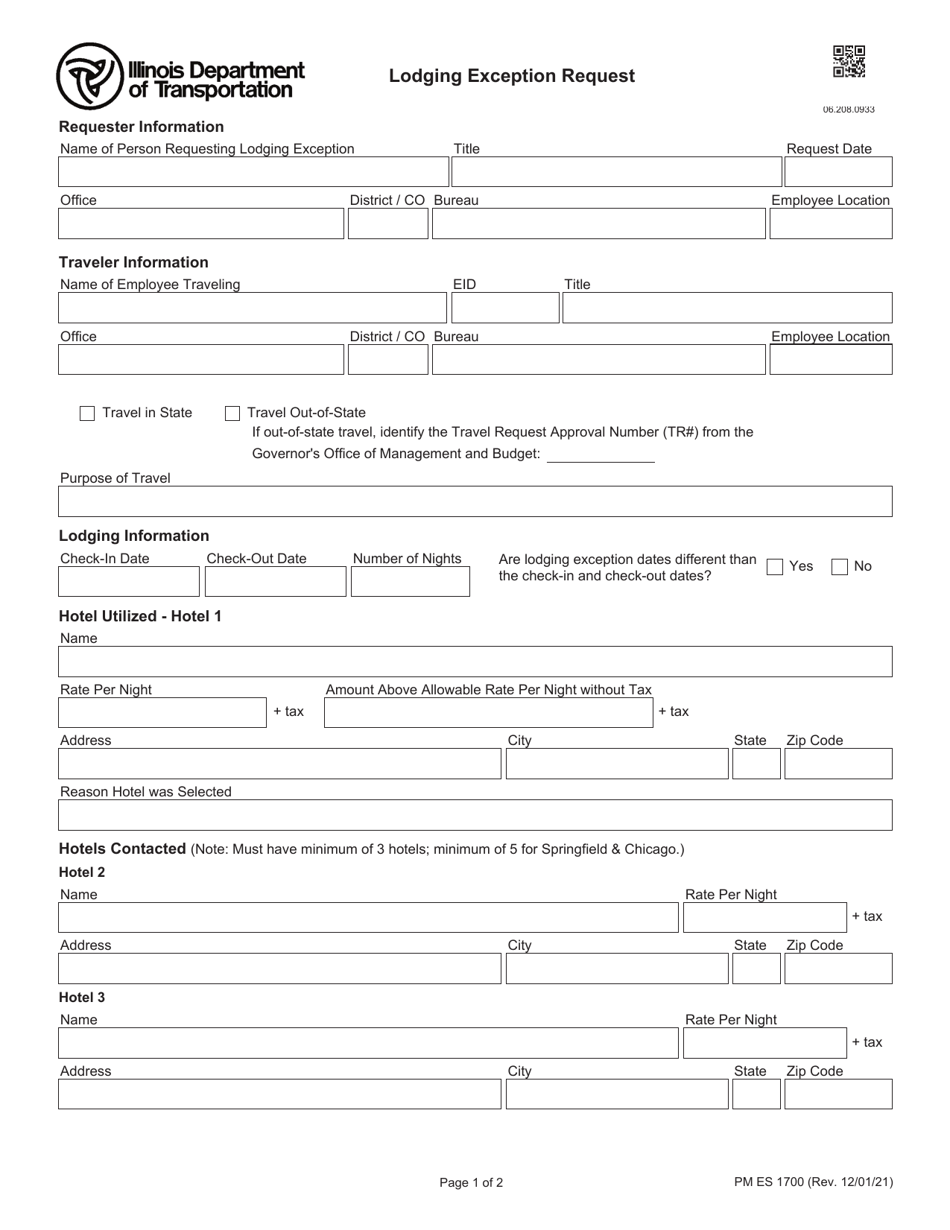 Form PM ES1700 Lodging Exception Request - Illinois, Page 1