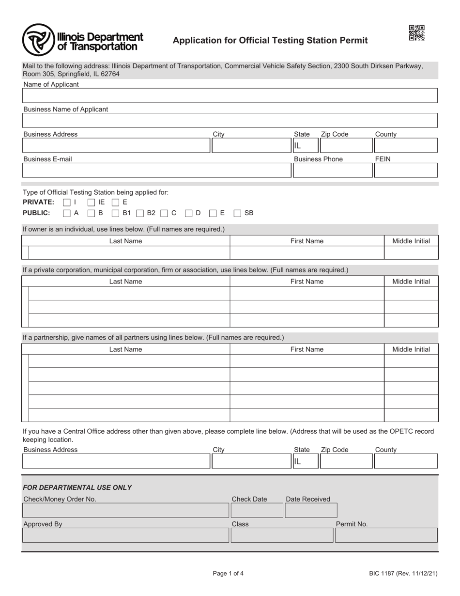 Form BIC1187 Application for Official Testing Station Permit - Illinois, Page 1