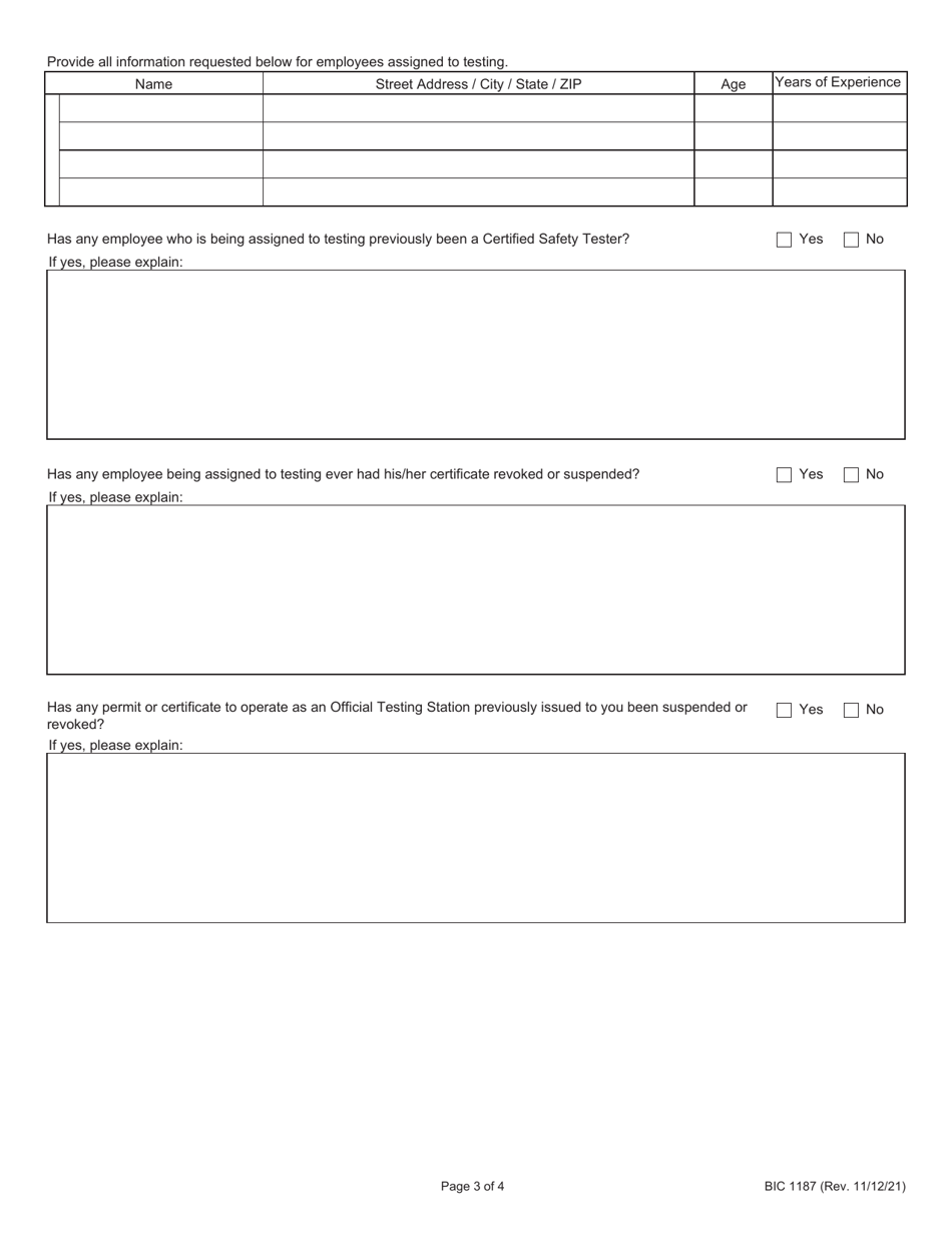 Form BIC1187 Application for Official Testing Station Permit - Illinois, Page 3
