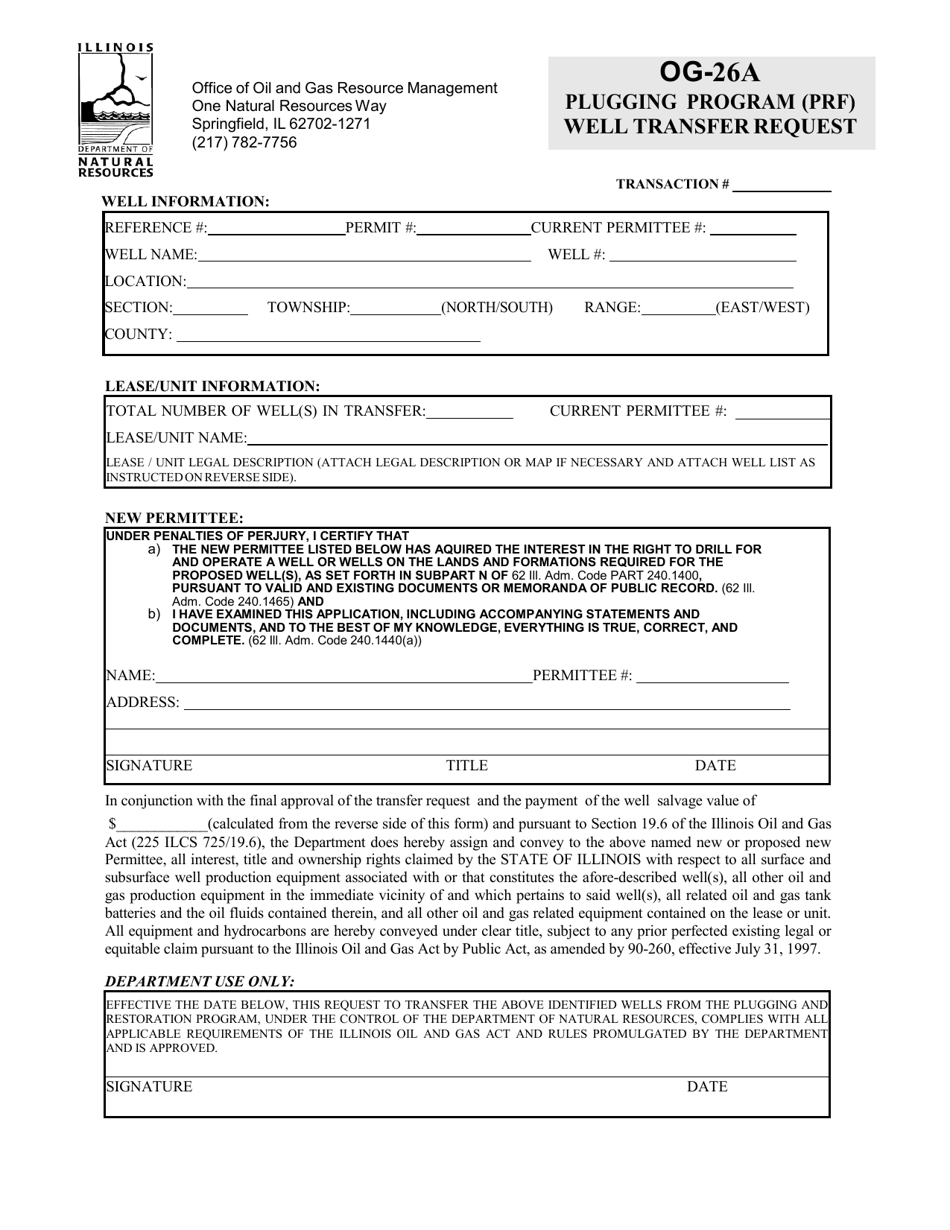 Form OG-26A Well Transfer Request - Plugging Program (Prf) - Illinois, Page 1