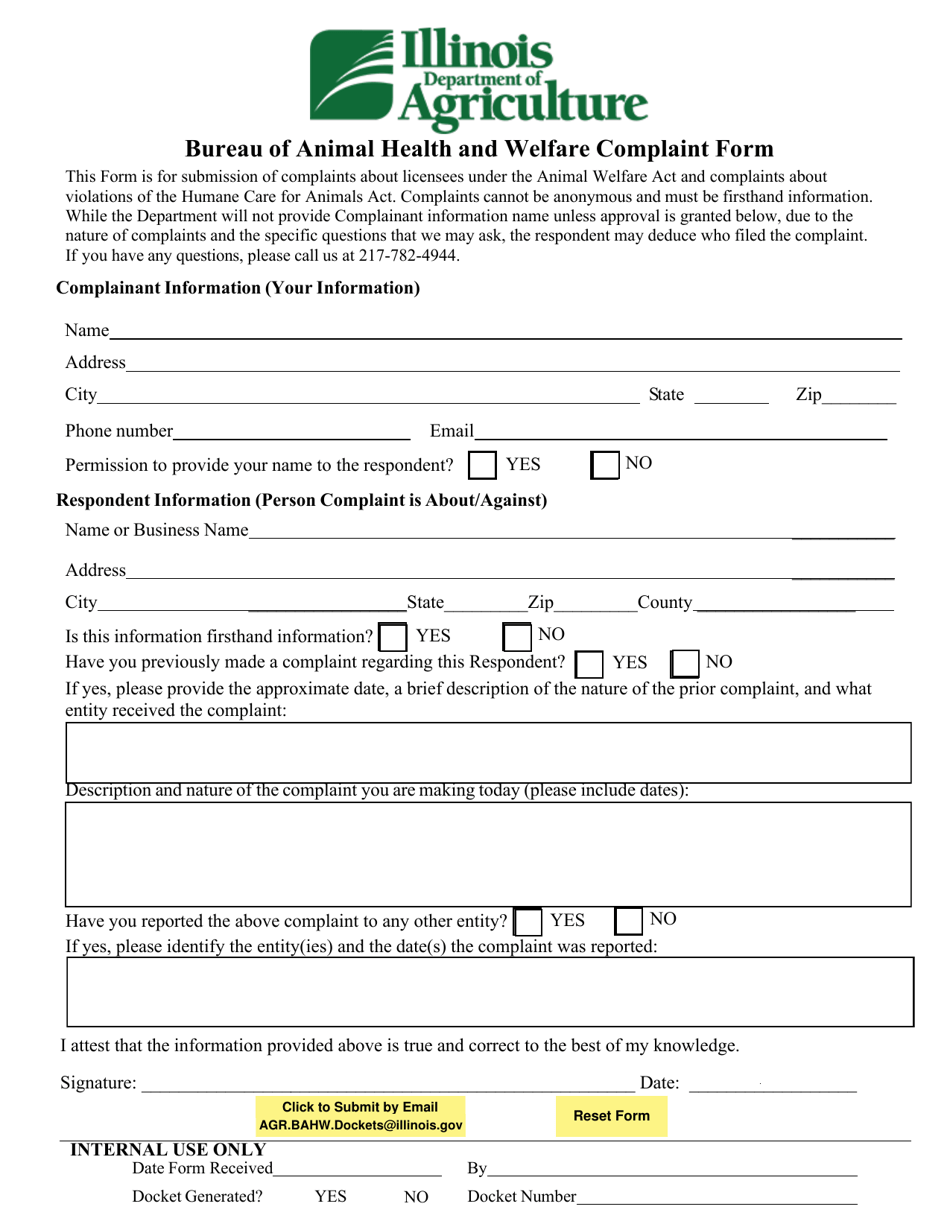 Illinois Bureau of Animal Health and Welfare Complaint Form Fill Out