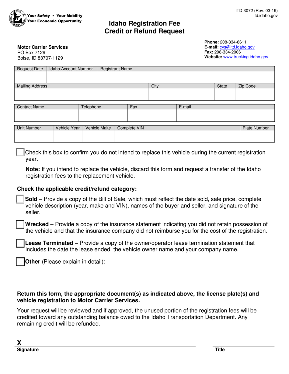 Form ITD3072 Idaho Registration Fee Credit or Refund Request - Idaho, Page 1
