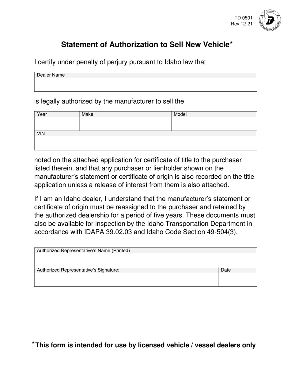 Form ITD0501 Statement of Authorization to Sell New Vehicle - Idaho, Page 1