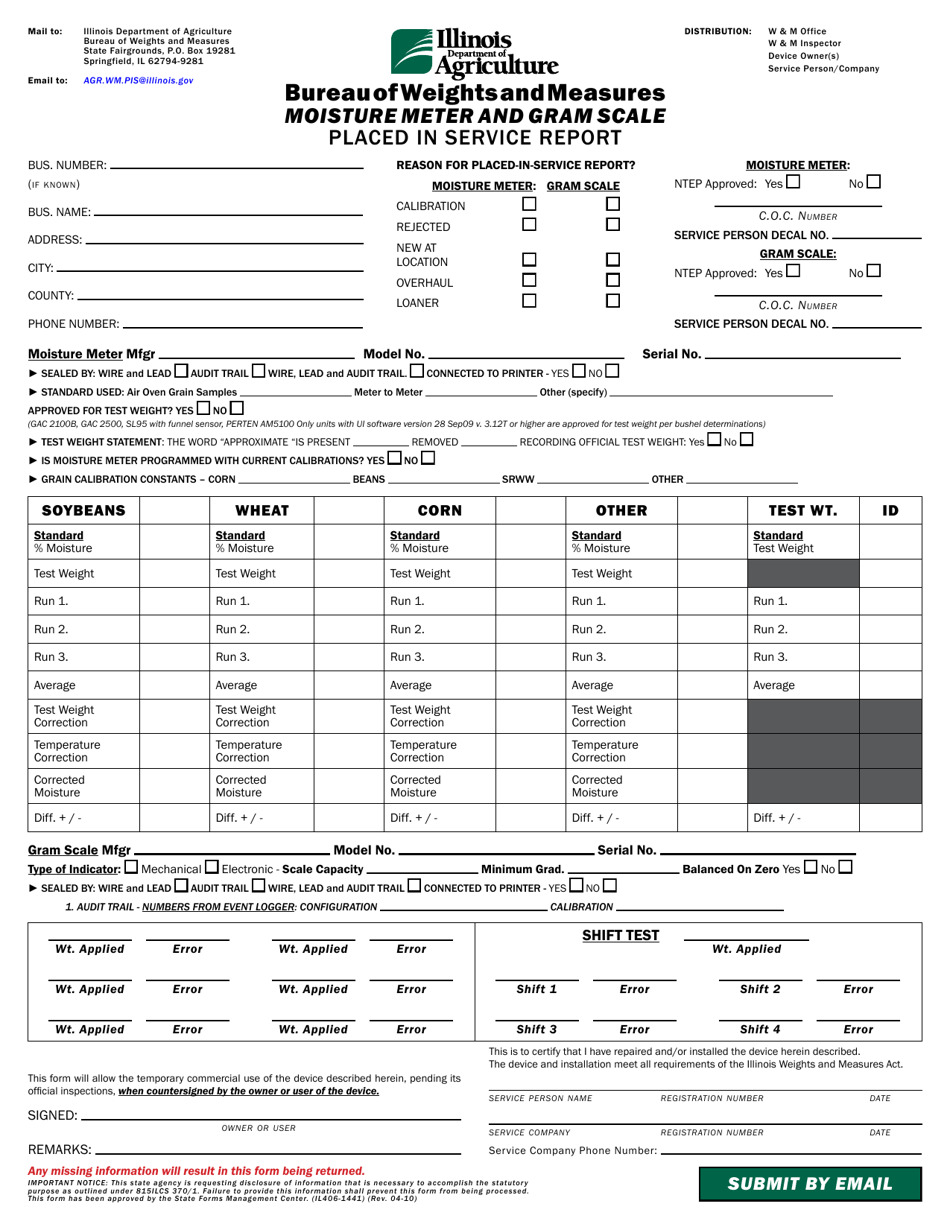 Illinois Placed in Service Report Moisture Meter and Gram Scale Illinois Placed in Service Report Moisture Meter and Gram Scale