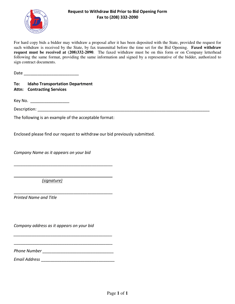 Request to Withdraw Bid Prior to Bid Opening Form - Idaho, Page 1
