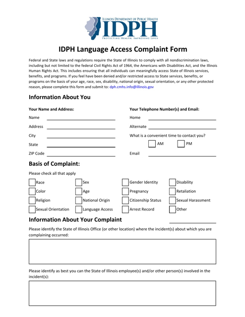 Idph Language Access Complaint Form - Illinois Download Pdf