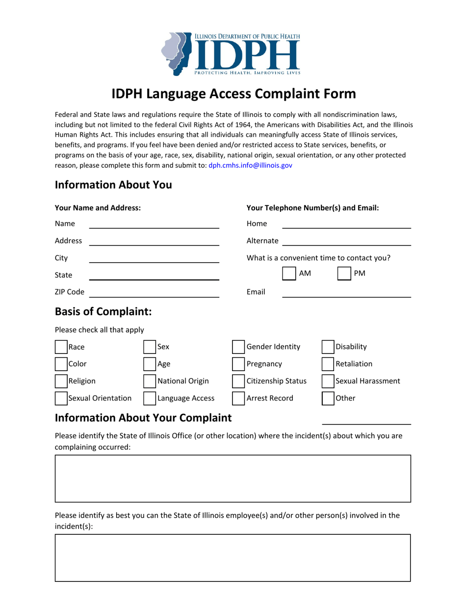 Idph Language Access Complaint Form - Illinois, Page 1