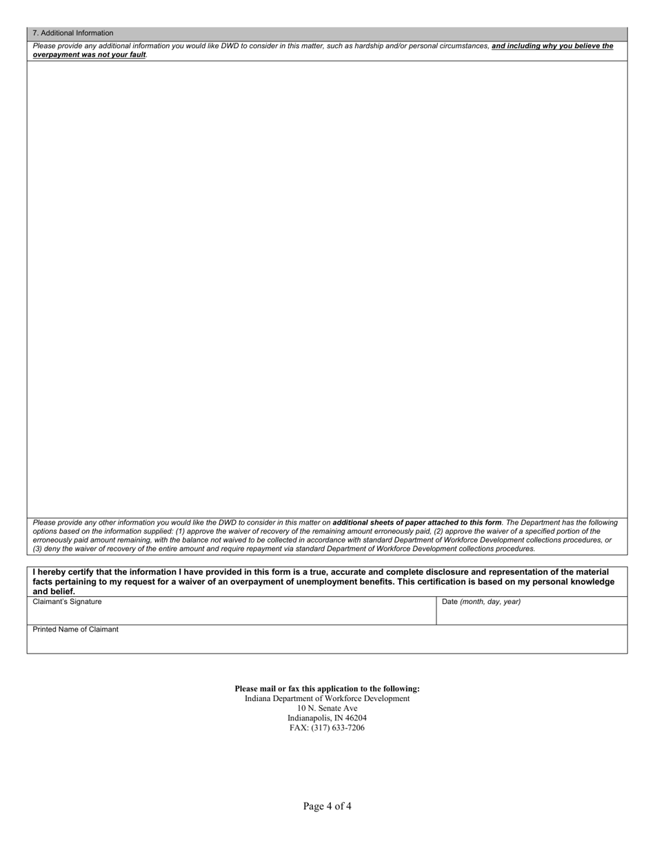 State Form 52986 Overpayment Waiver Request - Indiana, Page 4