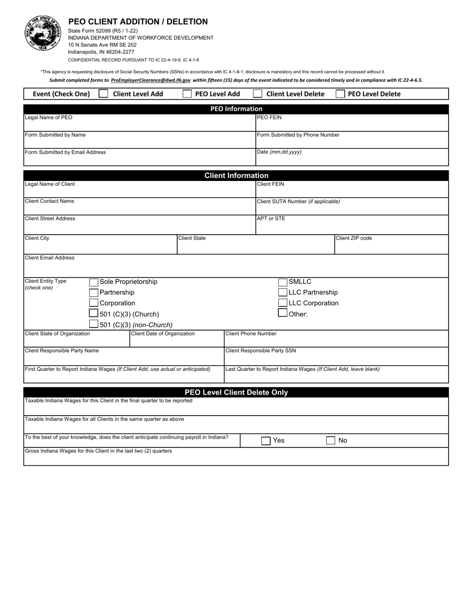 State Form 52099 Peo Client Addition / Deletion - Indiana, Page 1