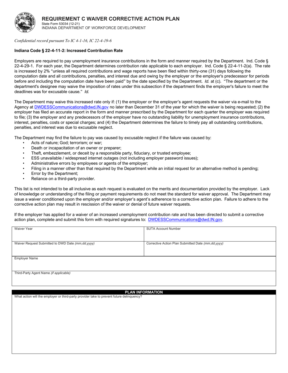 State Form 53034 Requirement C Waiver Corrective Action Plan - Indiana, Page 1