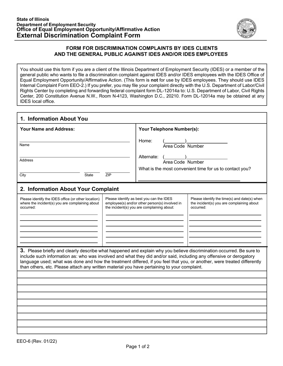 Form EEO-6 External Discrimination Complaint Form - Illinois, Page 1