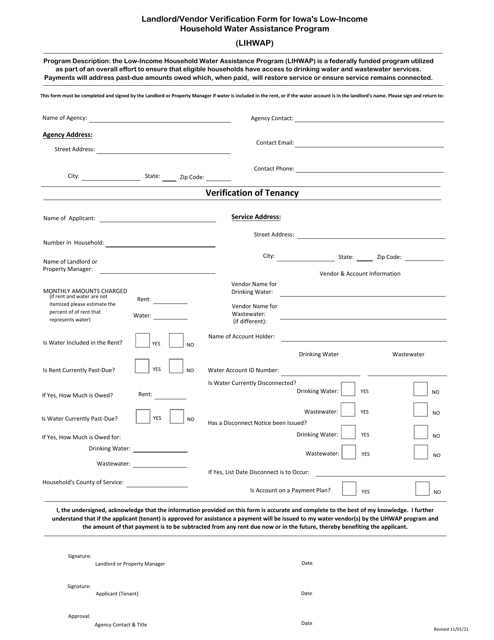 Landlord / Vendor Verification Form for Iowa's Low-Income Household Water Assistance Program (Lihwap) - Iowa Download Pdf