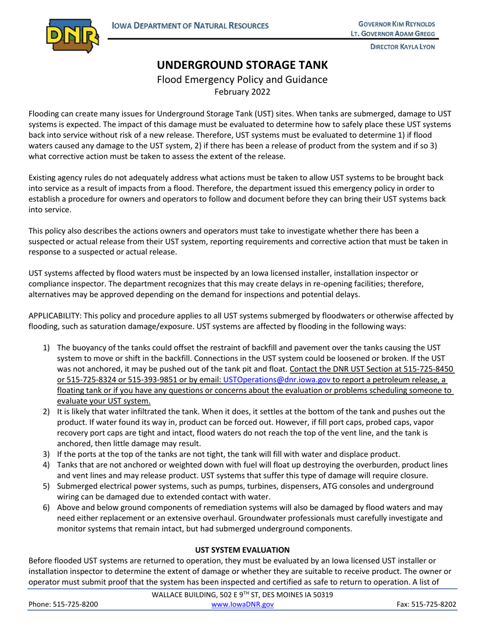 DNR Form 542-0811 Underground Storage Tank Flood Damage Certification Form - Iowa, Page 1