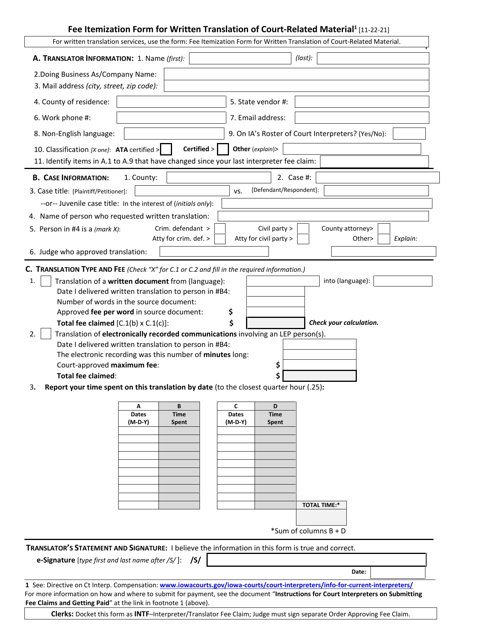 Fee Itemization Form for Written Translation of Court-Related Material - Iowa