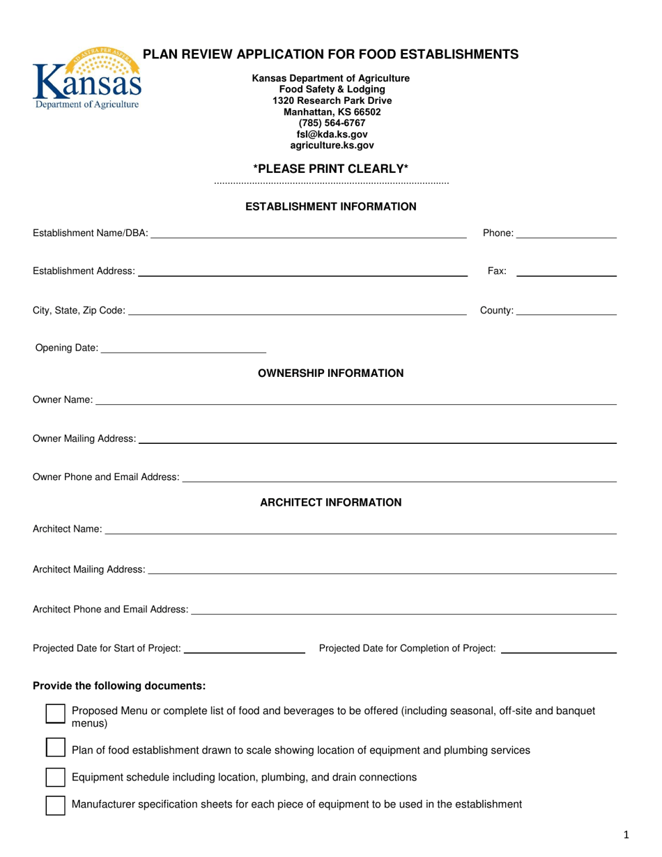 Kansas Plan Review Application for Food Establishments - Fill Out, Sign ...