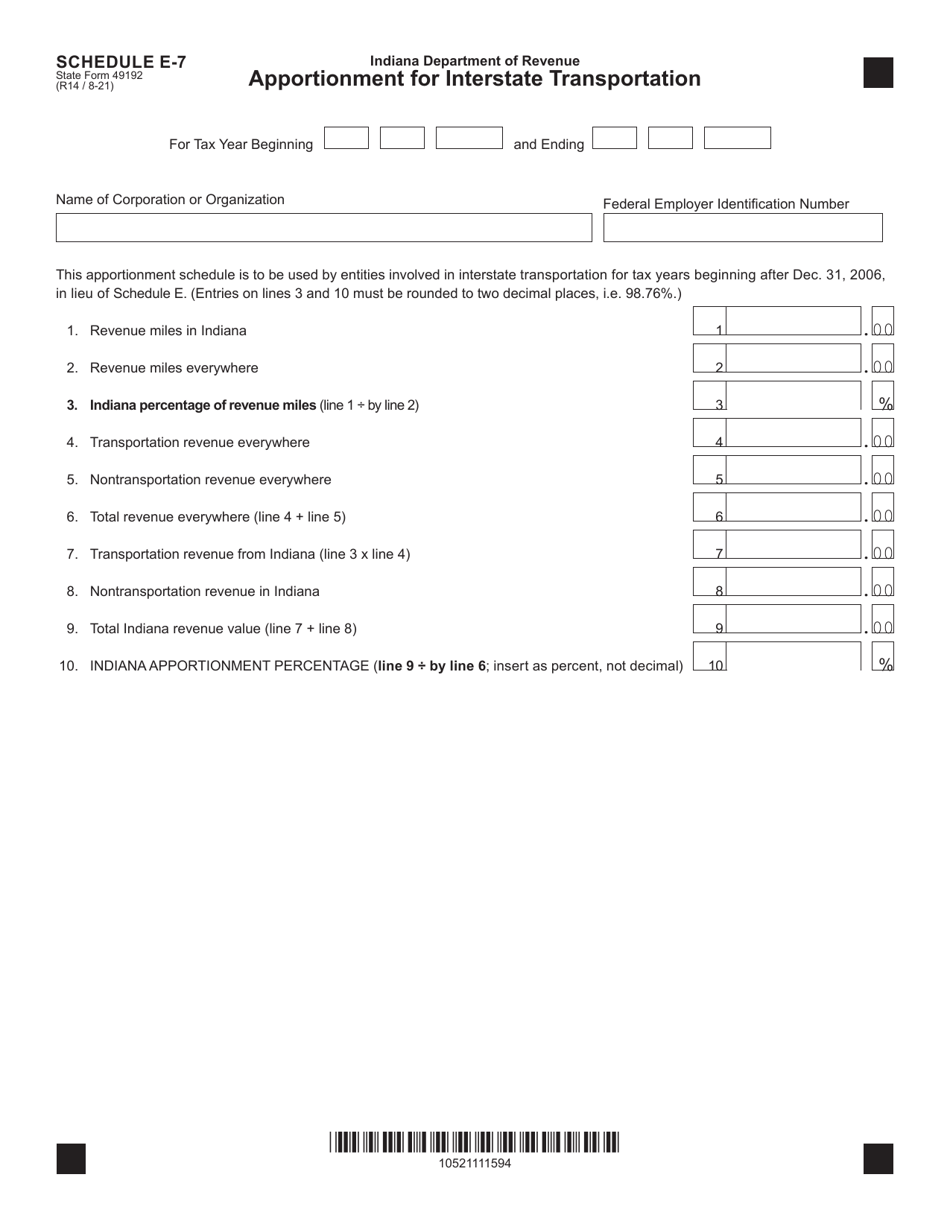 State Form 49192 Schedule E-7 Apportionment for Interstate Transportation - Indiana, Page 1