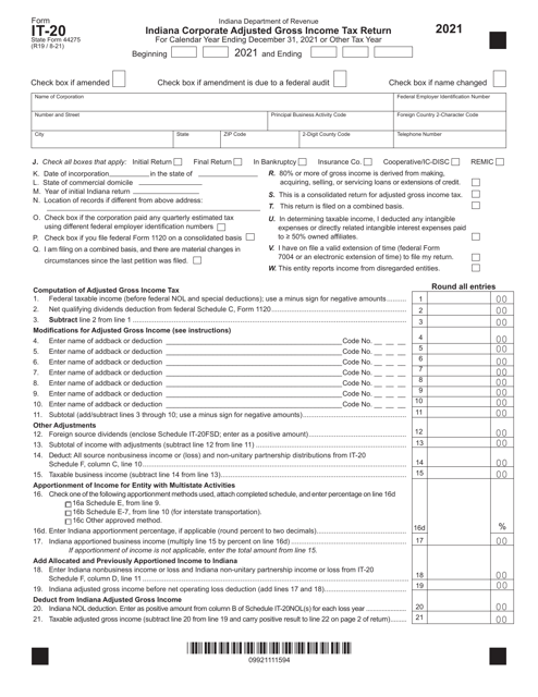 Form IT-20 (State Form 44275) 2021 Printable Pdf