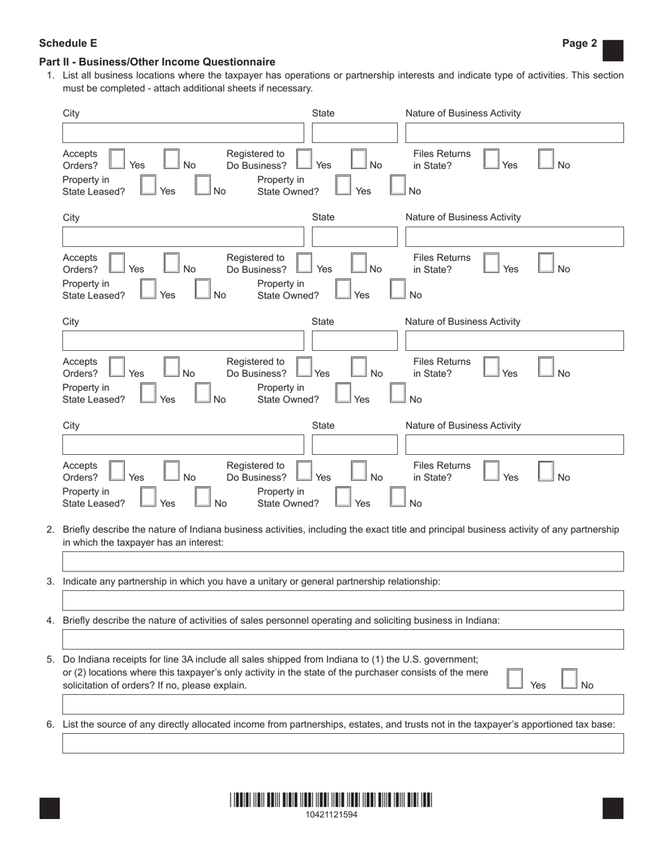 Form IT-20 (IT-20S; IT-20NP; IT-65; State Form 49105) Schedule E Apportionment of Income for Indiana - Indiana, Page 2