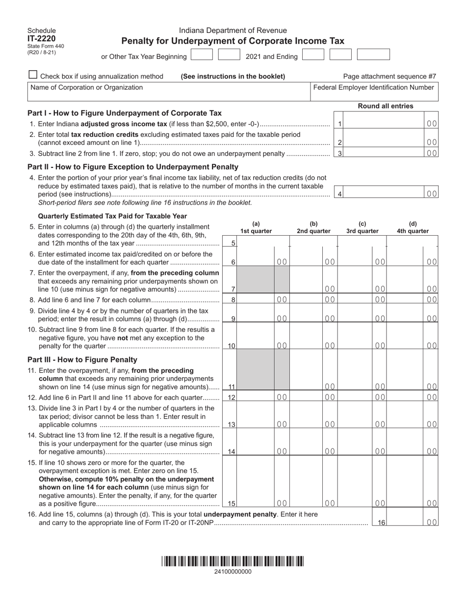 State Form 440 Schedule IT-2220 Penalty for Underpayment of Corporate Income Tax - Indiana, Page 1