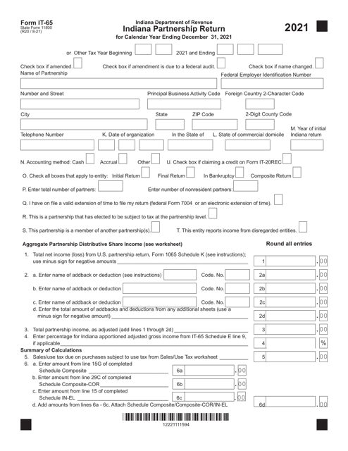 Form IT-65 (State Form 11800) 2021 Printable Pdf