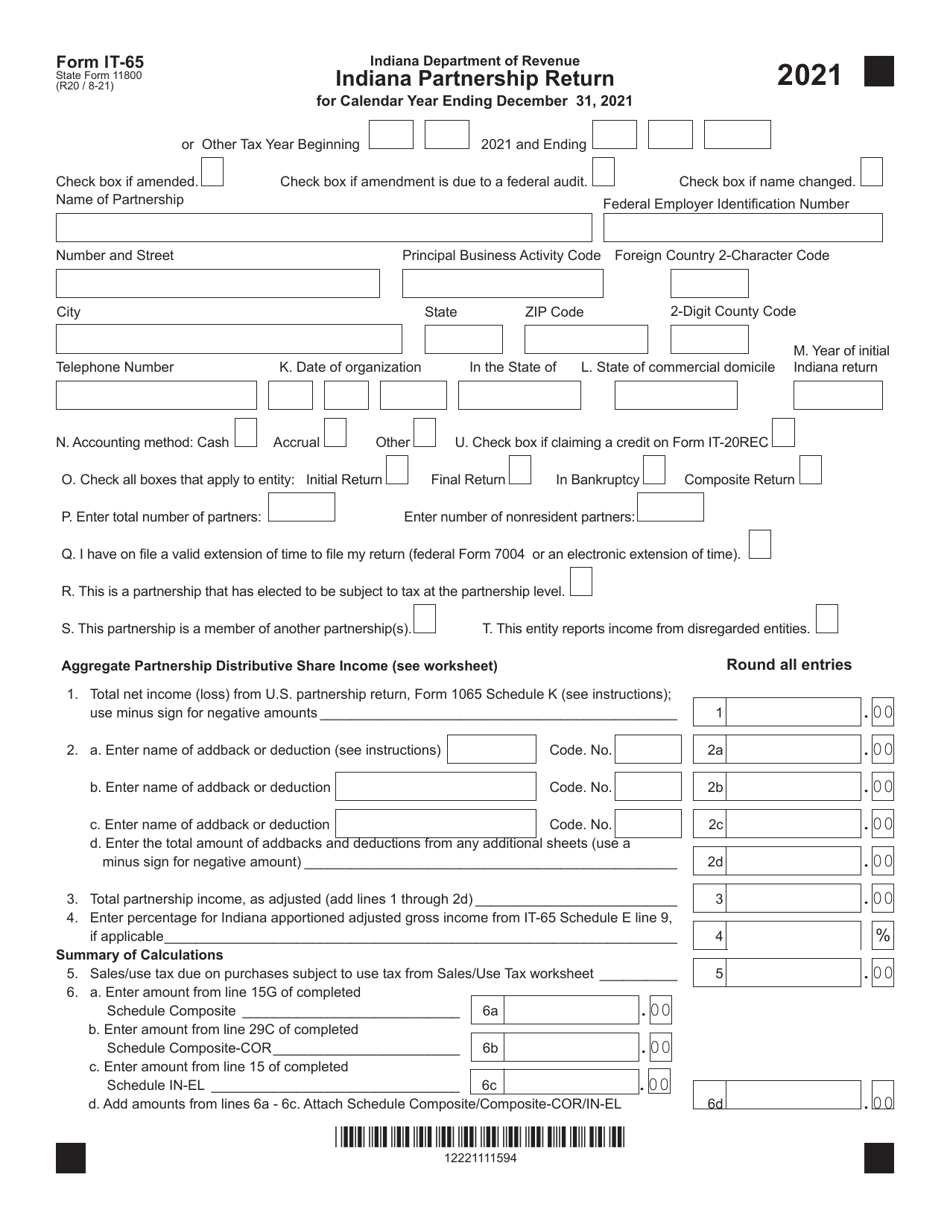 Form IT-65 (State Form 11800) Indiana Partnership Return - Indiana, Page 1