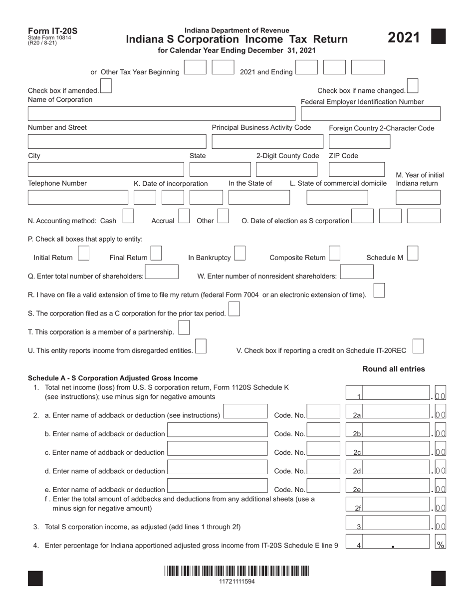 Form IT-20S (State Form 10814) Indiana S Corporation Income Tax Return - Indiana, Page 1