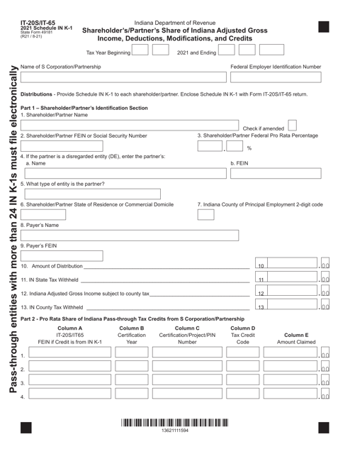 Form IT-20S (IT-65; State Form 49181) Schedule IN K-1 2021 Printable Pdf