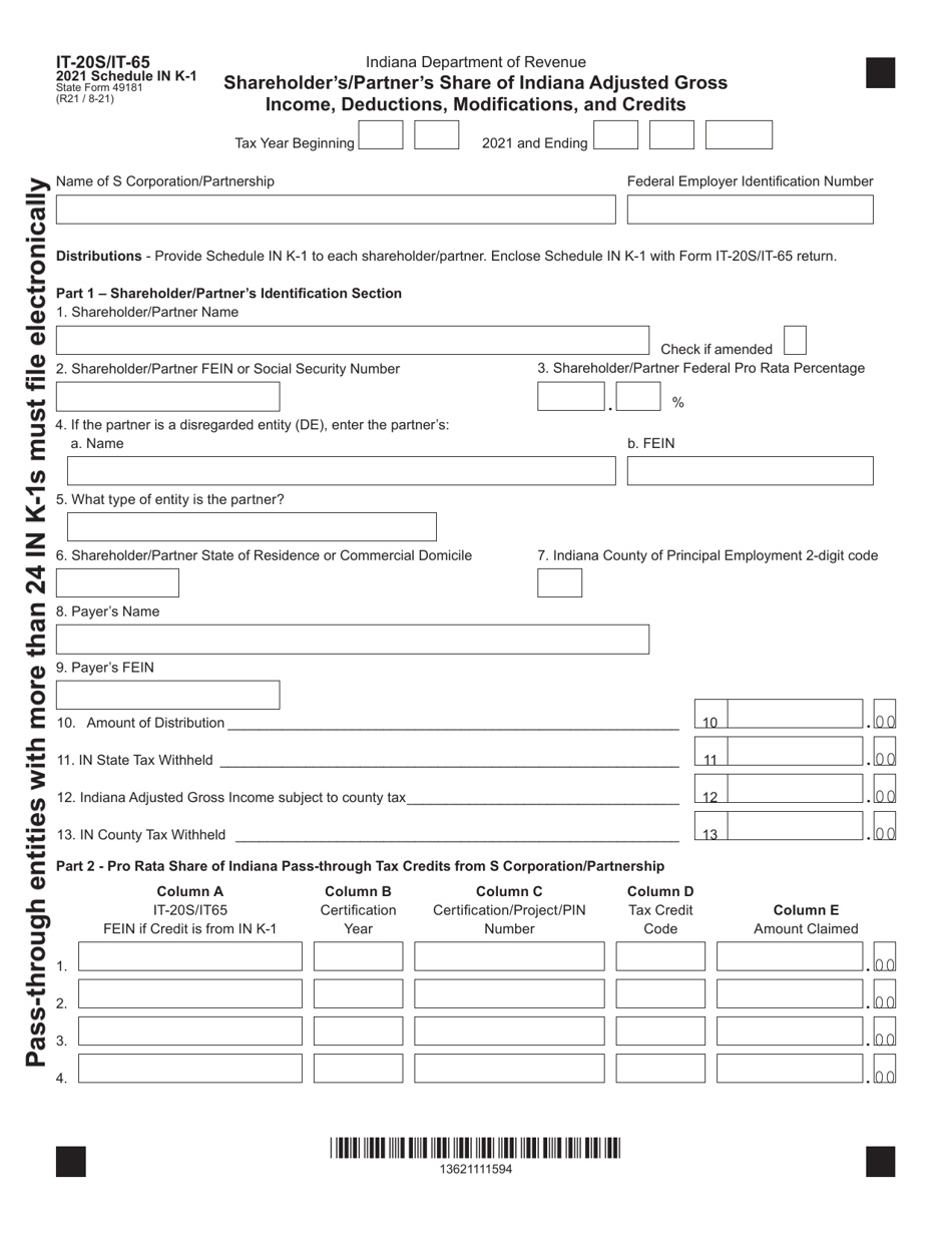 Form IT-20S (IT-65; State Form 49181) Schedule IN K-1 Download Fillable ...