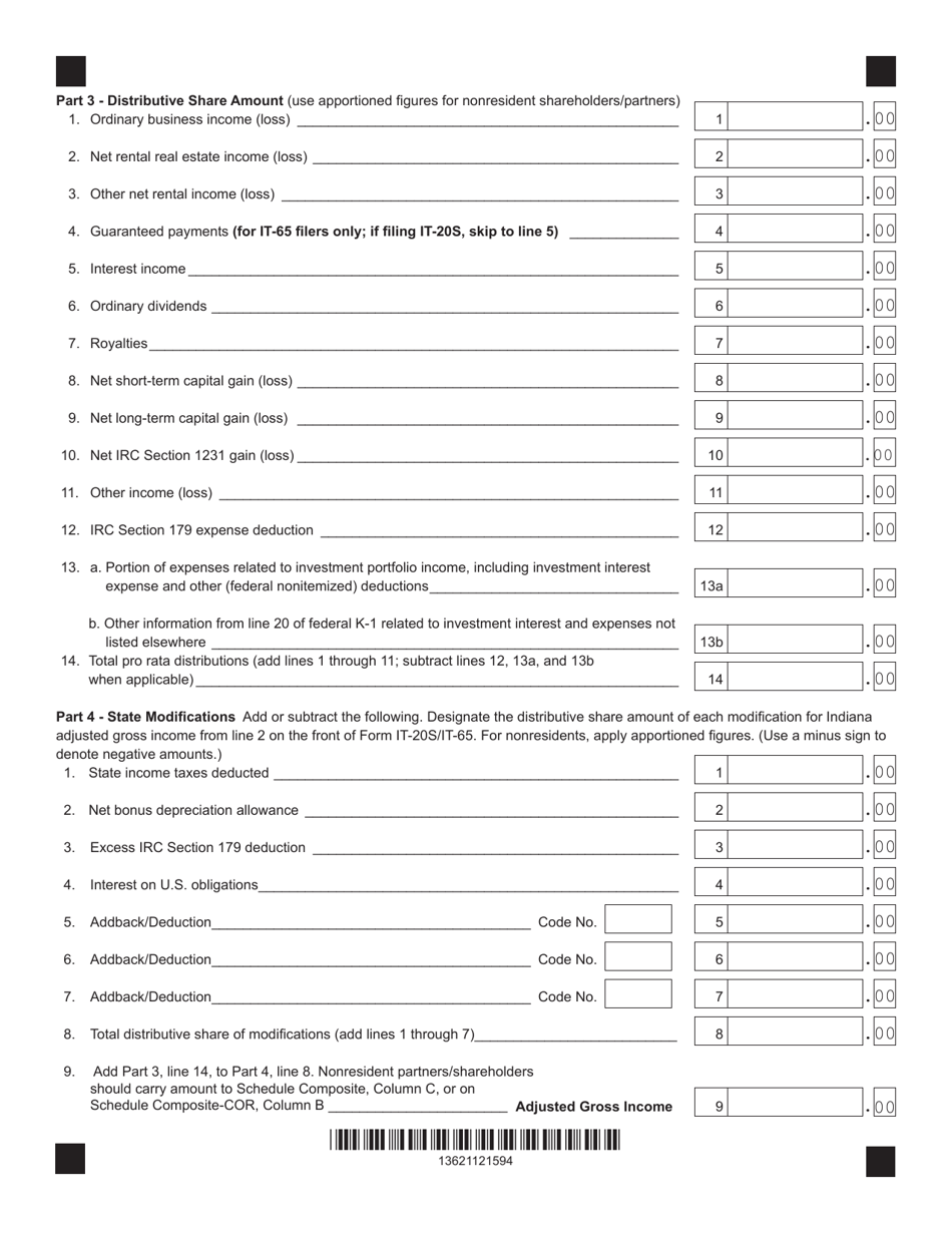 Form IT-20S (IT-65; State Form 49181) Schedule IN K-1 Shareholders / Partners Share of Indiana Adjusted Gross Income, Deductions, Modifications, and Credits - Indiana, Page 2