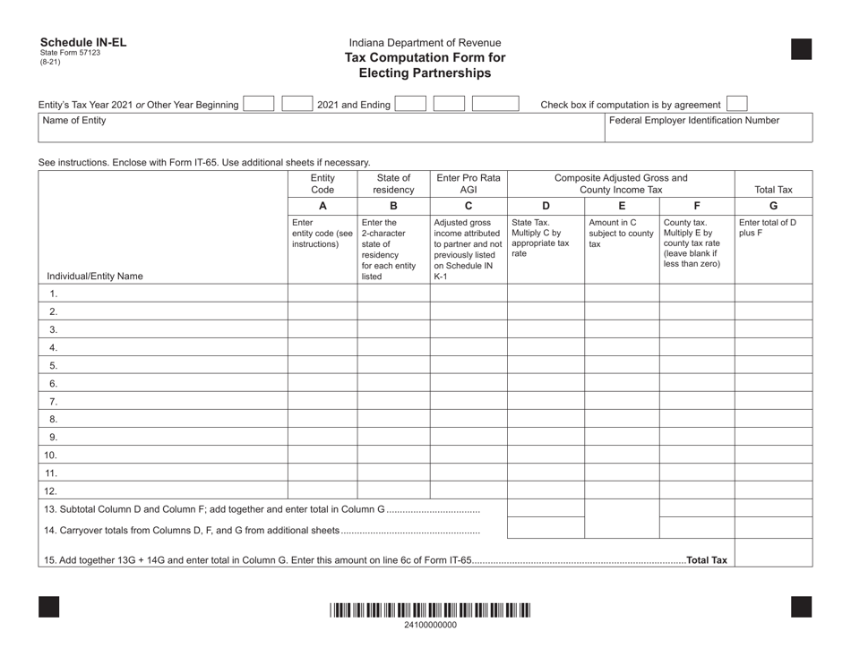 State Form 57123 Schedule IN-EL Tax Computation Form for Electing Partnerships - Indiana, Page 1