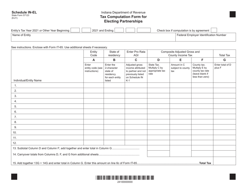 State Form 57123 Schedule IN-EL Tax Computation Form for Electing Partnerships - Indiana