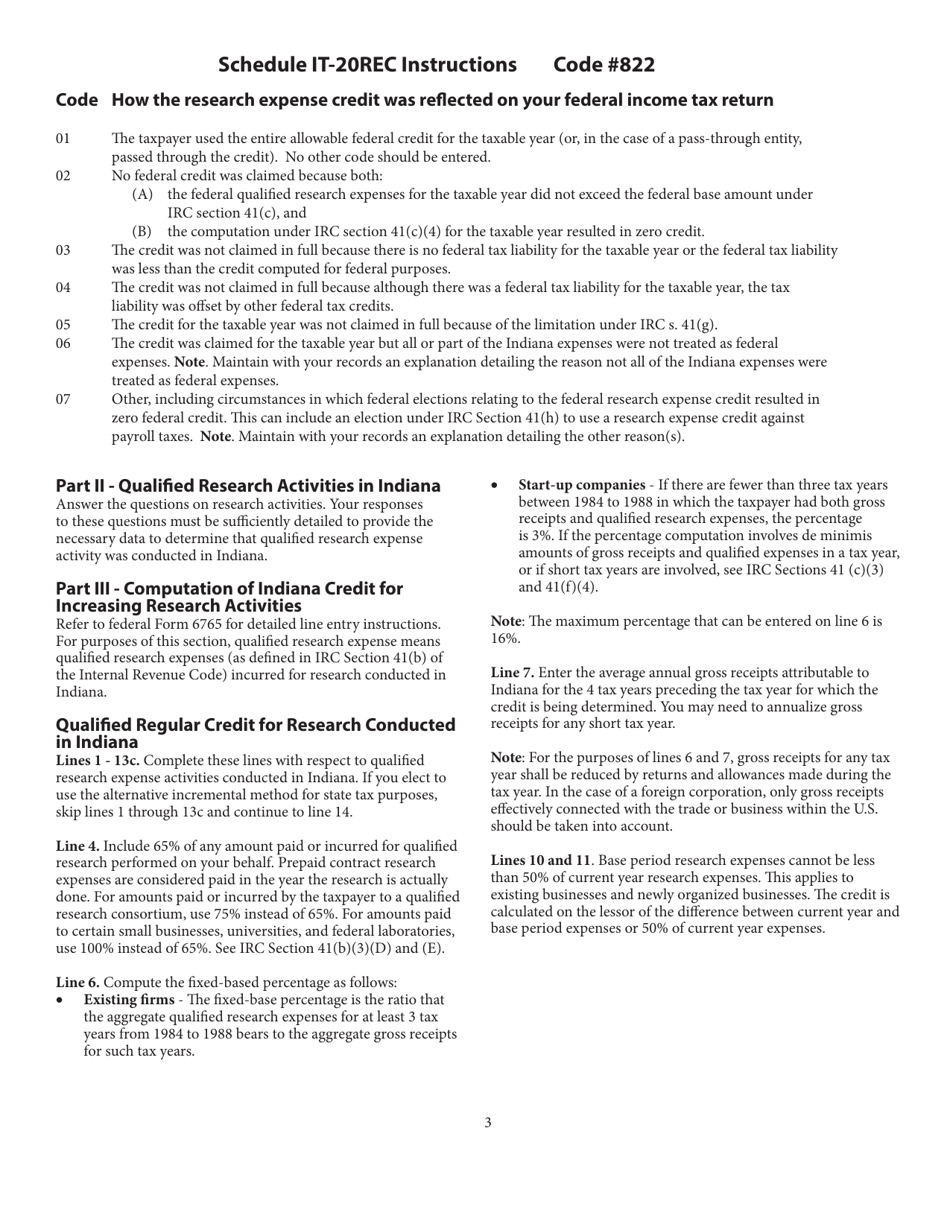 State Form 49184 Schedule IT-20REC Indiana Research Expense Tax Credit (#822) - Indiana, Page 3