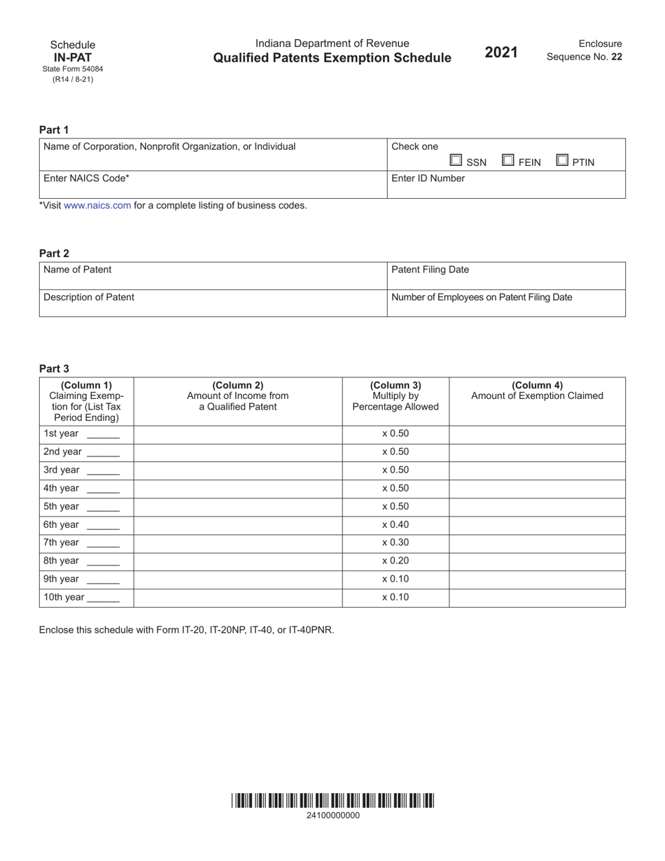 State Form 54084 Schedule IN-PAT Qualified Patents Exemption Schedule - Indiana, Page 1