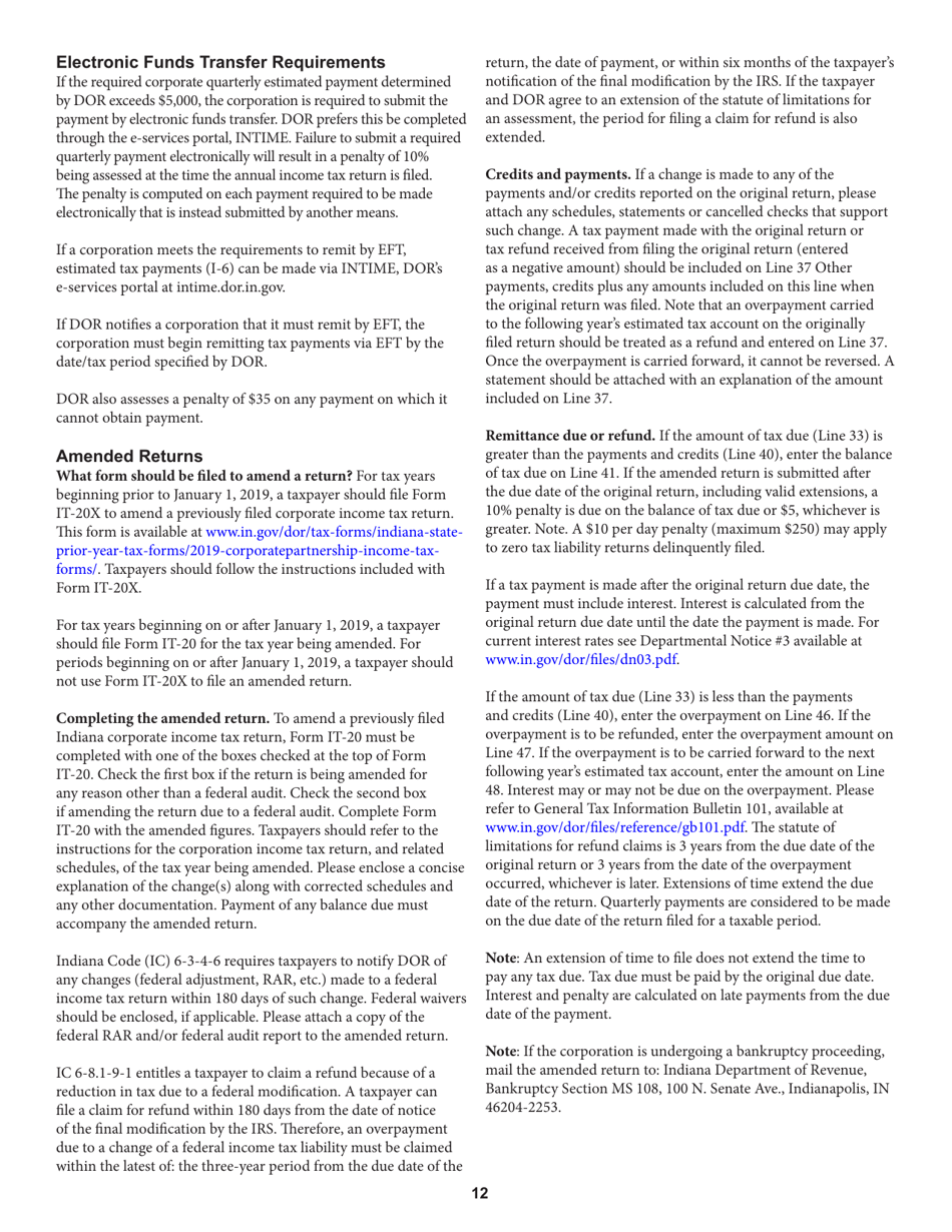 Instructions for Form IT-20, State Form 44275 Indiana Corporate Adjusted Gross Income Tax Return - Indiana, Page 12
